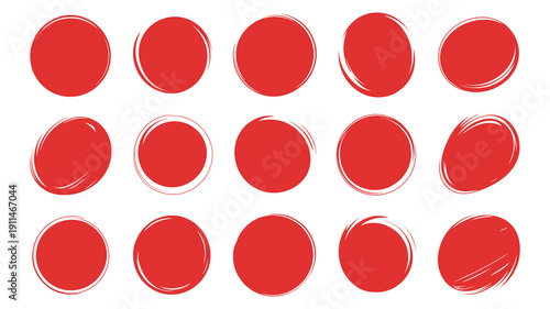 A grid of fifteen red circular shapes is displayed against a clean white background exhibiting varying degrees of brushstroke texture high quality professional detailed modern elegant