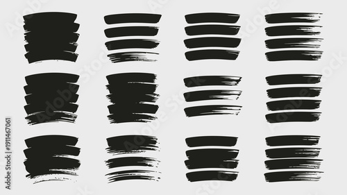 A grid of abstract brushstrokes in black ink presents a variety of textures and shapes creating a dynamic visual pattern high quality professional detailed modern elegant