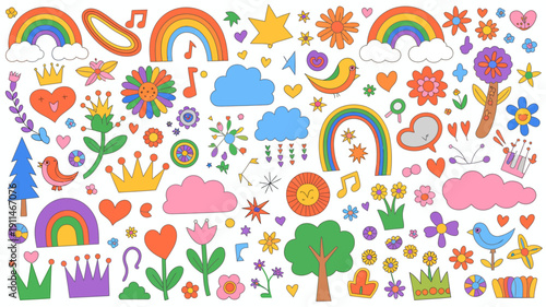 A vibrant collection of colorful cartoon illustrations features rainbows hearts flowers musical notes and whimsical shapes on a white background high quality professional detailed modern elegant