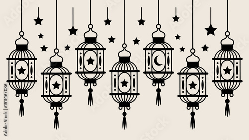 A decorative illustration depicts several hanging lanterns adorned with stars and crescent moons arranged against a pale beige background high quality professional detailed modern elegant stylish