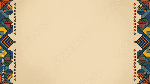 An ornate symmetrical border design adorns a light beige background featuring vibrant geometric patterns and repeating motifs high quality professional detailed modern elegant stylish clean crisp