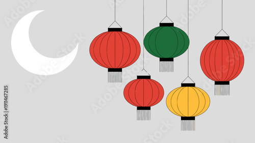 A minimalist illustration depicts hanging paper lanterns in red green yellow and orange alongside a crescent moon high quality professional detailed modern elegant stylish clean crisp