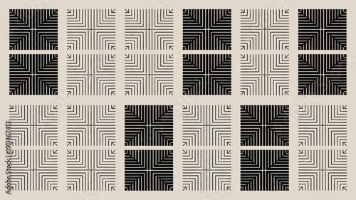 A grid of repeating square patterns showcases varying densities of vertical and horizontal lines in shades of black and beige high quality professional detailed modern elegant