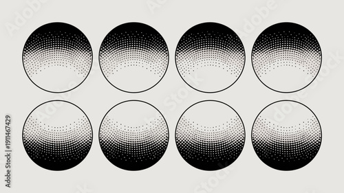 A grayscale illustration displays six spheres arranged in two rows showcasing varying gradients and halftone patterns high quality professional detailed modern elegant stylish clean crisp vibrant