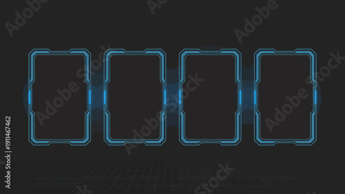 A dark futuristic display featuring four rectangular frames with glowing blue neon outlines set against a textured black background high quality professional detailed modern elegant stylish