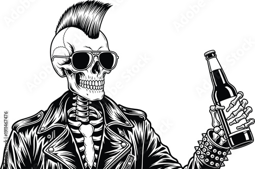Punk rock skeleton with mohawk in leather jacket holding beer bottle plus medical human spine and bone silhouette vector set
