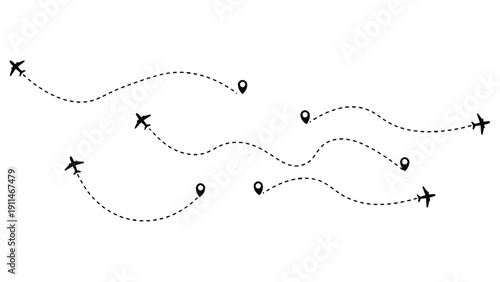 Airplane icon illustration with dotted flight paths and location pins