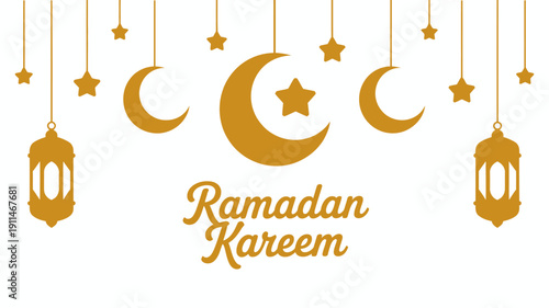 A golden ramadan kareem greeting features crescent moons stars and hanging lanterns creating a festive and spiritual islamic atmosphere high quality professional detailed modern elegant stylish