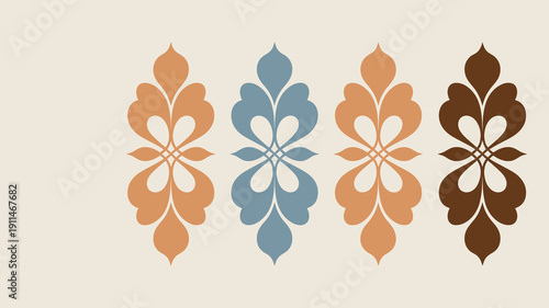 A row of six ornate symmetrical floral or paisley like designs in varying pastel and earth tone colors high quality professional detailed modern elegant stylish clean