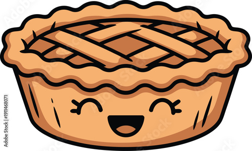 Cute cartoon illustration of a happy apple pie with a lattice crust, vector graphic