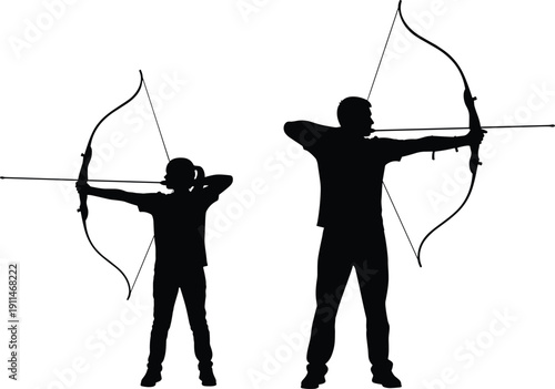 Black Silhouette of Adult Man and Young Girl Child Archers Aiming Bows and Arrows for Sports Training Hobby Archery Competition and Family Activities,