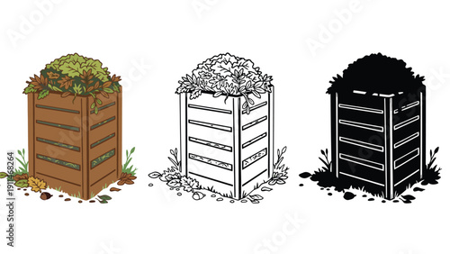 Compost bin vector illustration with colorful, black and white versions