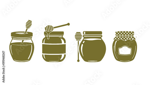 Honey jar vector icons with dipper and lids in olive green color
