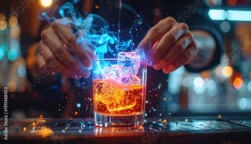 Bartender Preparing Cocktail with Dry Ice Smoke.