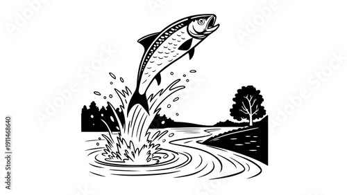 Salmon fish jumping out of water in a scenic landscape illustration