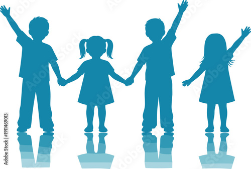 Blue Silhouette of Four Diverse Children Holding Hands and Waving with Reflections for Friendship Childhood Education Community Inclusion Unity and Happy Youthful People,