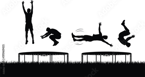 Collection of Active People Jumping on Trampoline Silhouette Vector Illustration Set, Different Athletic Poses for Fitness Sport Summer Fun and Backyard Recreational Design,