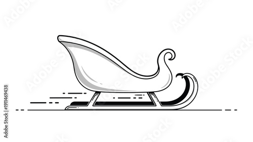 A simple black and white line drawing of a classic sleigh or sled in motion, with speed lines trailing behind it.