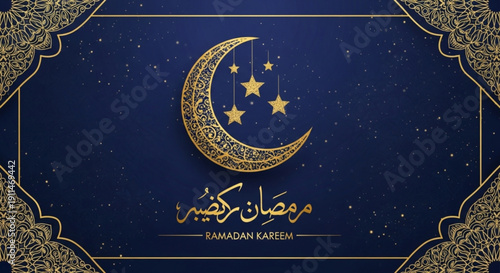 Golden crescent moon and stars on a dark blue background with Arabic calligraphy for Ramadan Kareem elegant design for Islamic holidays and celebrations