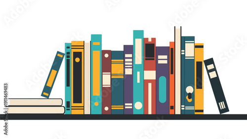 A colorful collection of books standing and stacked on a shelf, representing a library, education, and the joy of reading.