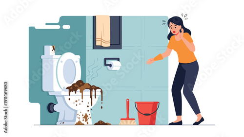 Horrified woman discovers a dirty, clogged toilet overflowing in a messy bathroom, a concept for plumbing problems and household emergencies.