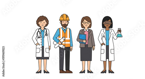 Diverse professionals in various occupations standing together including a doctor engineer businesswoman and scientist representing teamwork and collaboration in a modern