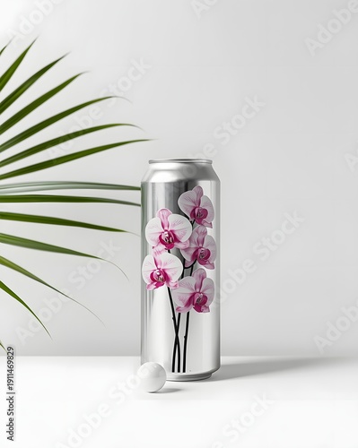 Aluminum Beverage Can Mockup with Pink Orchid Flower Design and Tropical Leaf Shadow on Minimal White Background