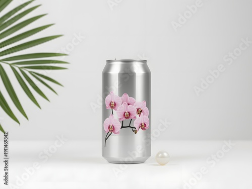 Aluminum Beverage Can Mockup with Pink Orchid Flower Design and Tropical Leaf Shadow on Minimal White Background
