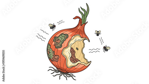 Illustration of a rotten, half-eaten onion with mold and buzzing flies, symbolizing food spoilage, decay, and organic waste.