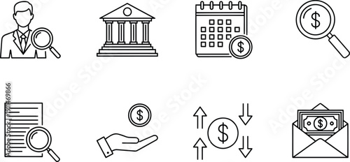 Set of vector silhouette design icons for business finance and management concepts bundle of 8
