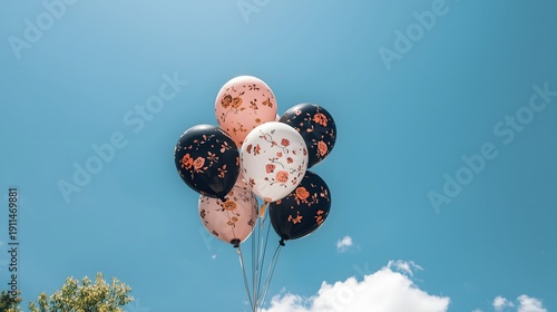Festive Helium Balloon Bouquet Floating in Blue Sky with Cloud Celebration Party Decoration Outdoor Minimal Scene