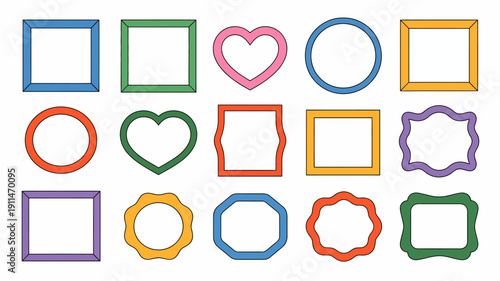 A colorful arrangement of geometric shapes is displayed including squares circles hearts and more complex outlines in various hues high quality professional detailed modern elegant stylish