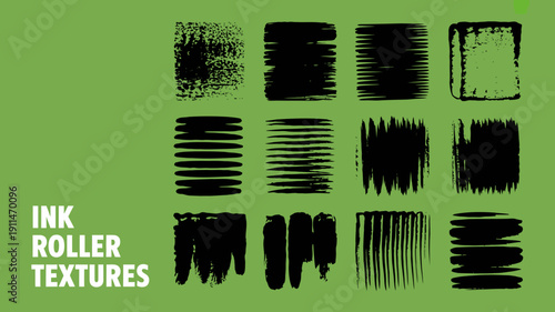 A collection of nine black ink roller textures are displayed against a vibrant green background showcasing varied brushstroke patterns high quality professional detailed modern elegant stylish