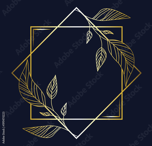 Elegant Gold Geometric Square or Diamond Frame with Leaves on Dark Navy Background. Minimal Luxury Vector with Copy Space for Wedding Invites, Branding and Premium Packaging.