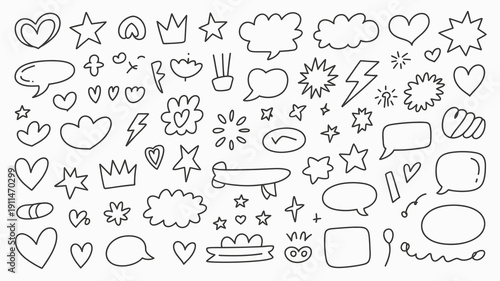 A playful collection of hand drawn doodle elements fills the frame including hearts stars speech bubbles and crowns in black and white high quality professional detailed