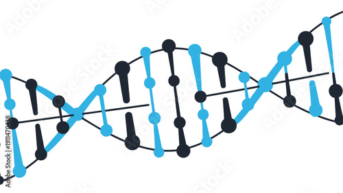 Close-up graphic illustration of a DNA double helix structure, symbolizing genetics, biology, science, and medical research.