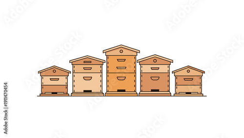 A row of wooden beehives in an apiary, a simple line illustration representing beekeeping, honey production, and agriculture.