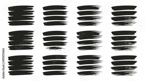A collection of abstract black brush strokes arranged in a grid pattern against a clean white background showcasing texture high quality professional detailed modern elegant stylish