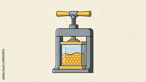 A honey press machine with a screw mechanism squeezes fresh honeycomb in a glass container, illustrating honey extraction and beekeeping.