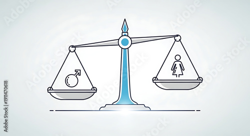 Gender equality symbol with male and female icons on balance scales representing fairness and parity in a simple line drawing style with blue accents on a white background