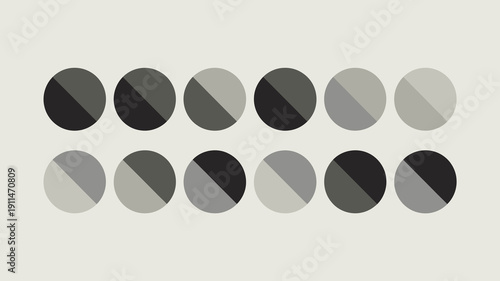 An arrangement of eight circular color swatches is displayed ranging in shades from black to light gray demonstrating tonal variation high quality professional detailed modern elegant