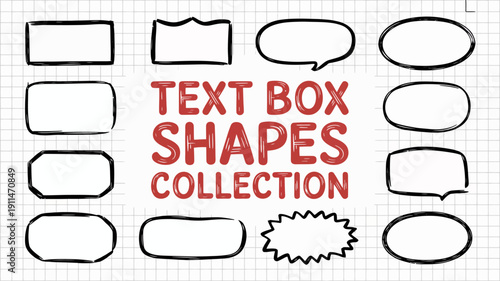 This image displays a collection of hand drawn text box and speech bubble shapes arranged in rows on a lined paper background high quality professional detailed