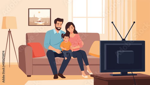 Happy family with a mother, father, and young daughter sitting together on the couch and watching television in their living room.