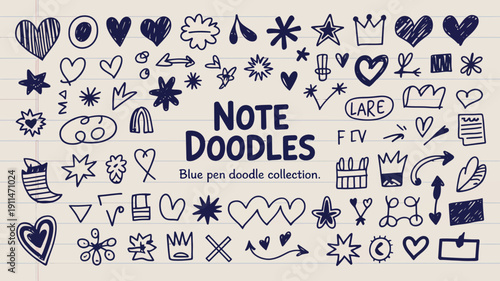 A collection of hand drawn doodles including hearts stars crowns arrows and the words note doodles on lined paper high quality professional detailed modern elegant stylish