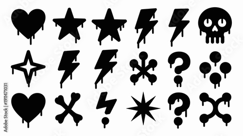 A collection of black silhouette icons depicting hearts stars lightning bolts skulls question marks and other symbols with drips high quality professional detailed modern elegant stylish
