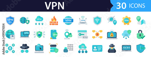 Collection of thirty VPN icons representing security and online privacy on a digital network