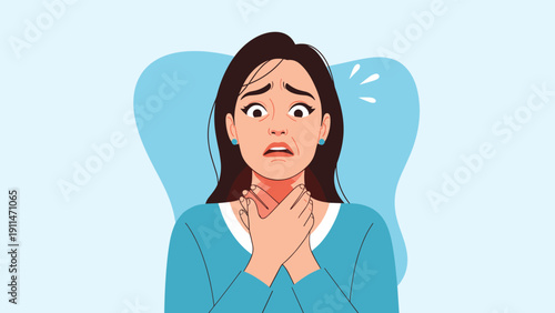 Terrified woman clutching her throat with a look of panic, illustrating choking, difficulty breathing, or an allergic reaction.