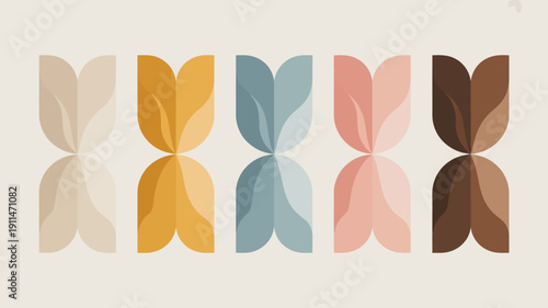 An abstract arrangement showcases six mirrored leaf like shapes in a warm muted color palette creating a modern aesthetic high quality professional detailed elegant stylish clean