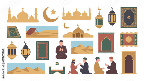 A vibrant collection of islamic elements including mosques lanterns crescent moons prayer rugs and people in traditional attire high quality professional detailed modern elegant stylish clean