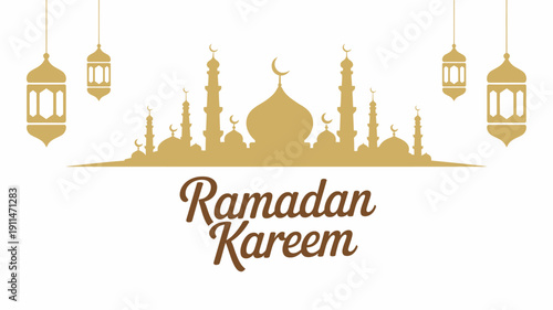 A golden ramadan kareem graphic features a mosque silhouette crescent moon and hanging lanterns against a white backdrop high quality professional detailed modern elegant stylish clean